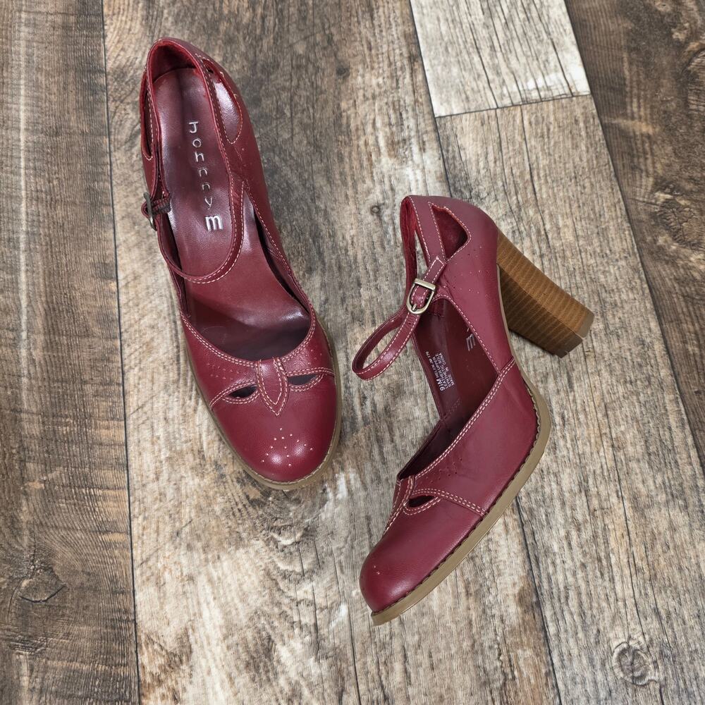 Burgundy Mary Jane Heels Leather Cutout Vintage Y2K Block Heel 9.5